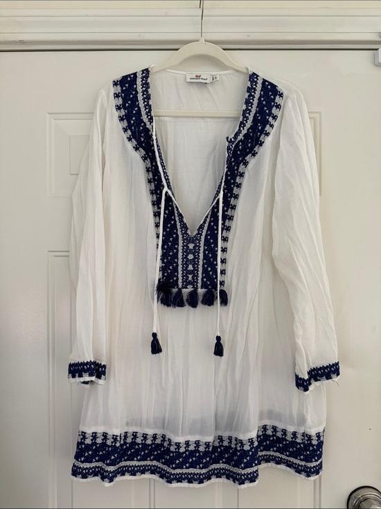 Vineyard Vines Other - Vineyard Vines XL White Tunic Swim Cover Up Navy Embroidery with Tassels